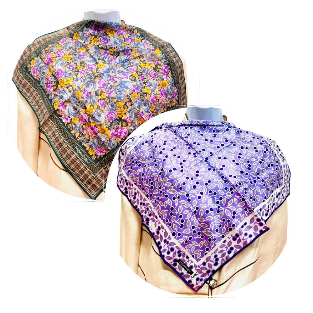 2) New  Beautiful YSL MiniScarf/Handkerchief cotton 19 " Purple  Pink Floral (59